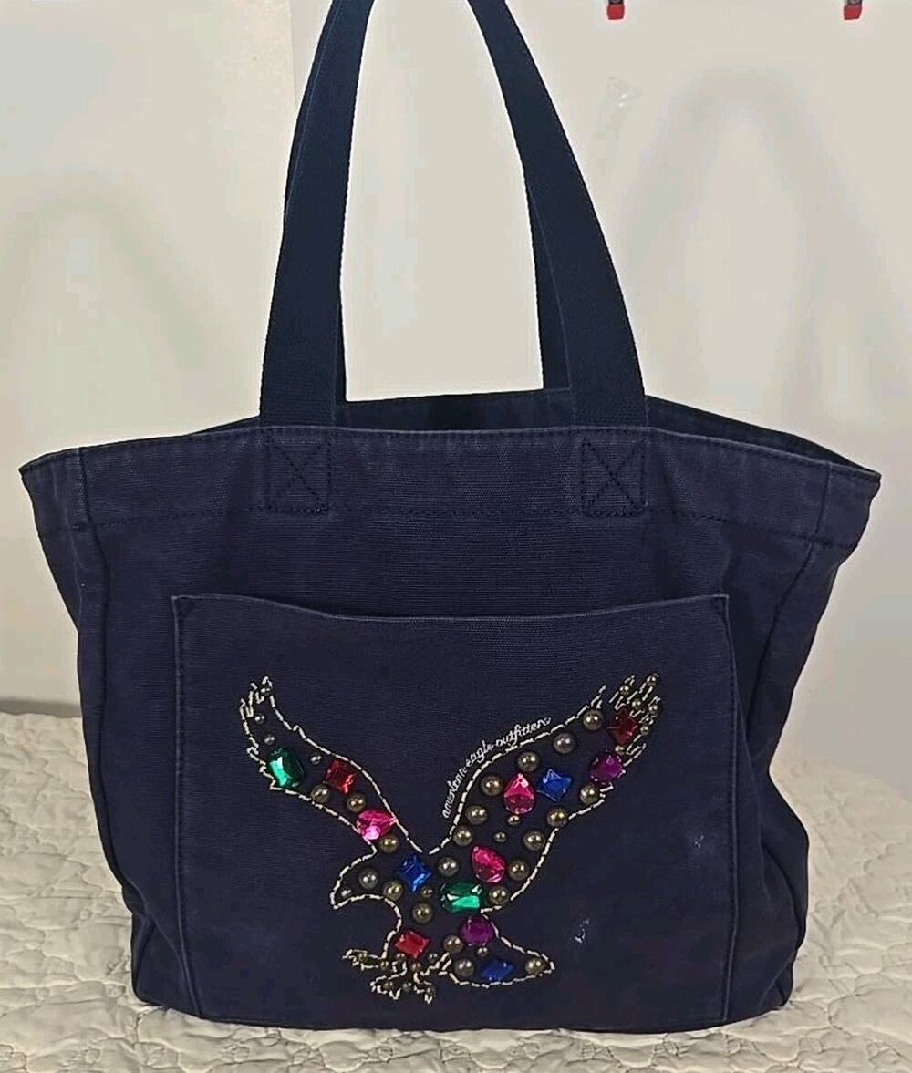 American Eagle Outfitters Navy Canvas Tote Bag Jeweled Eagle Studded Y2K